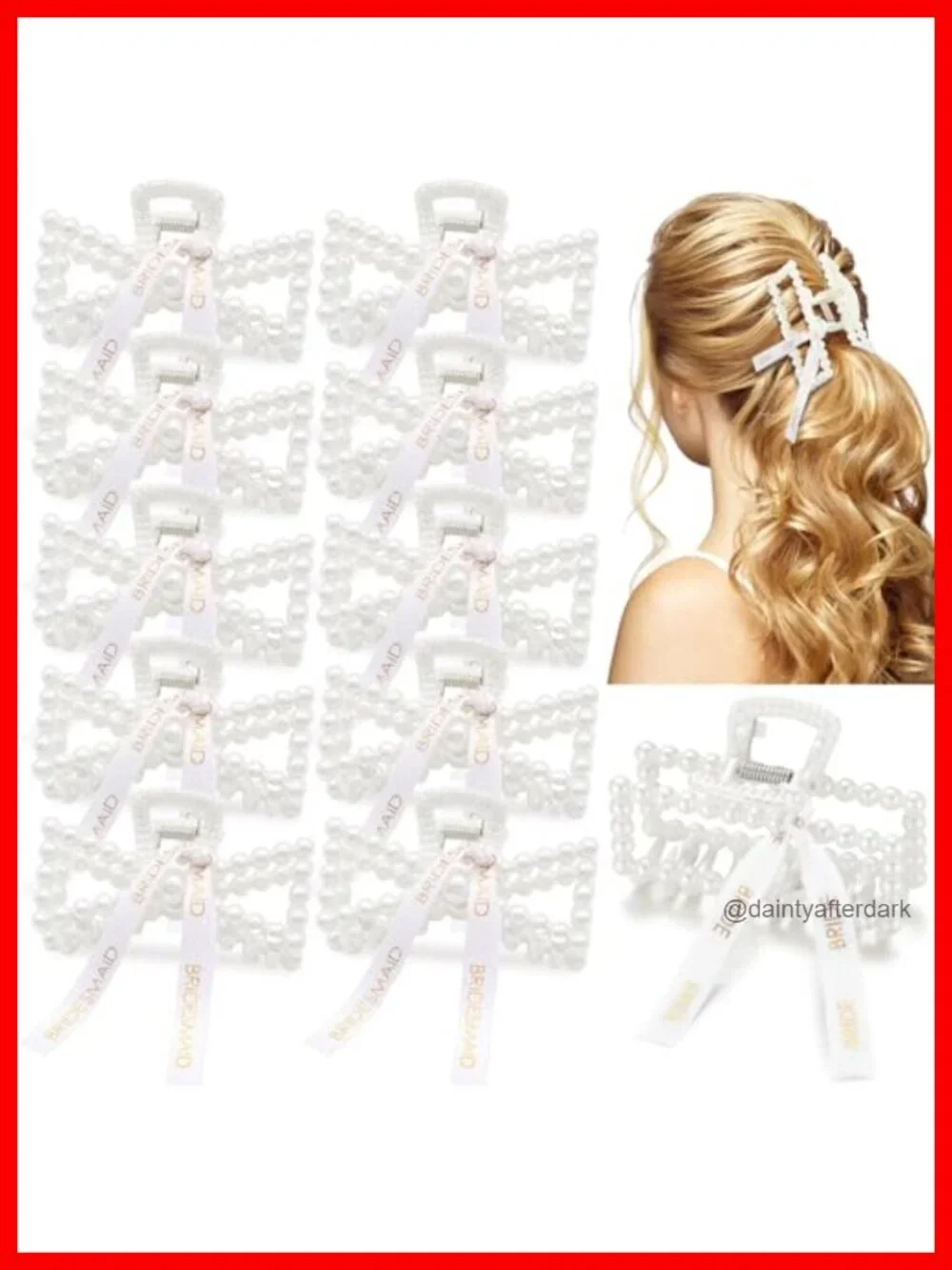 11 Pcs Bridesmaid Pearl Hair Clips with Ribbon Claw Clips 3.15 Inch